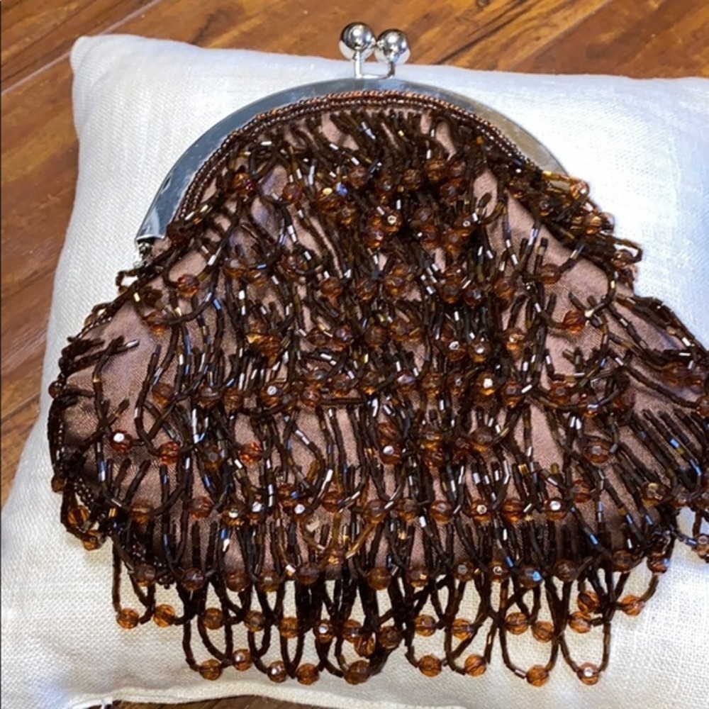 Bijoux Terner Brown Beaded Fringe Clutch Purse Chain Strap Evening Bag